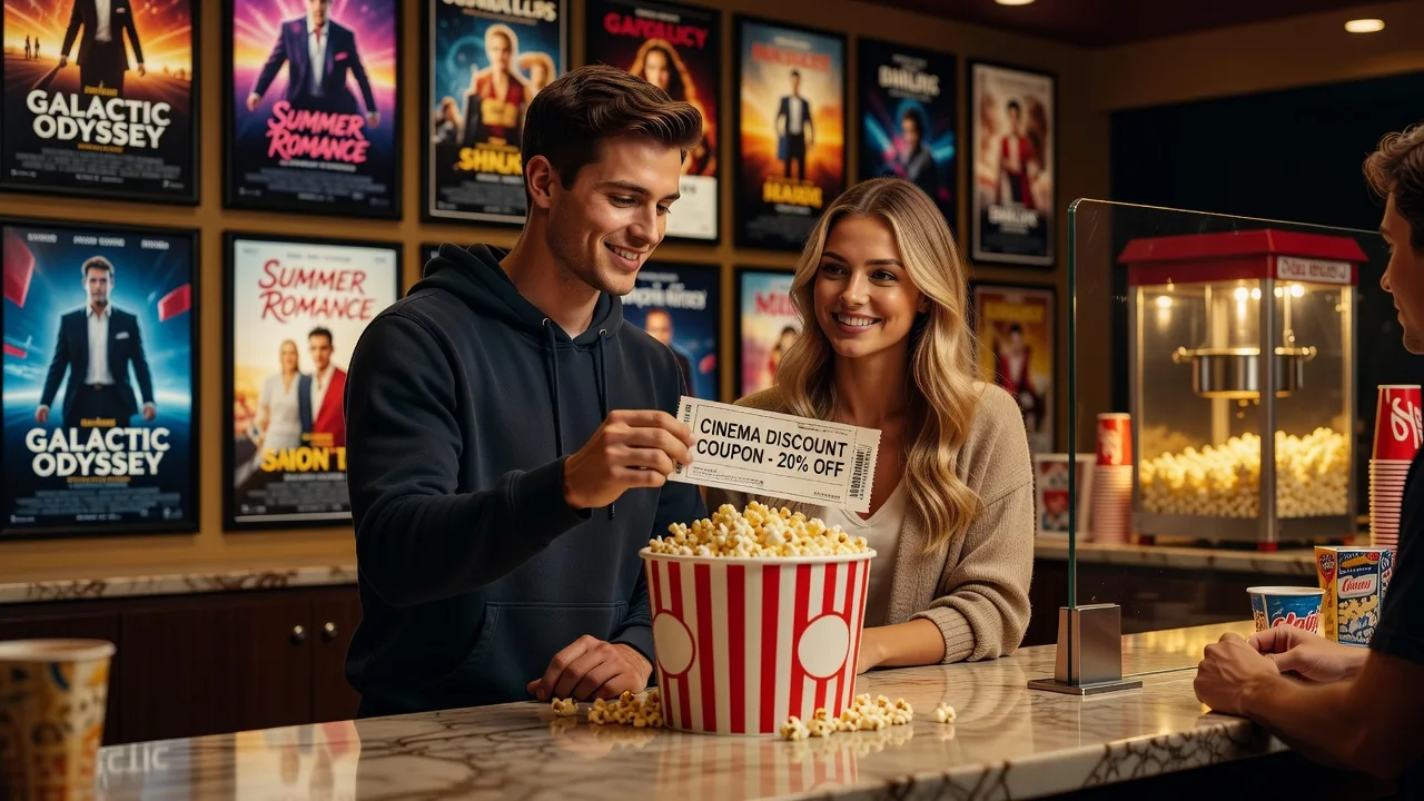 Happy couple at the movie theater using entertainment discount coupons