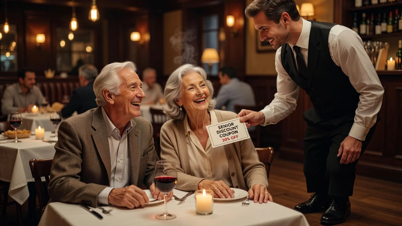 Elderly couple enjoying a restaurant meal with a discount coupon
