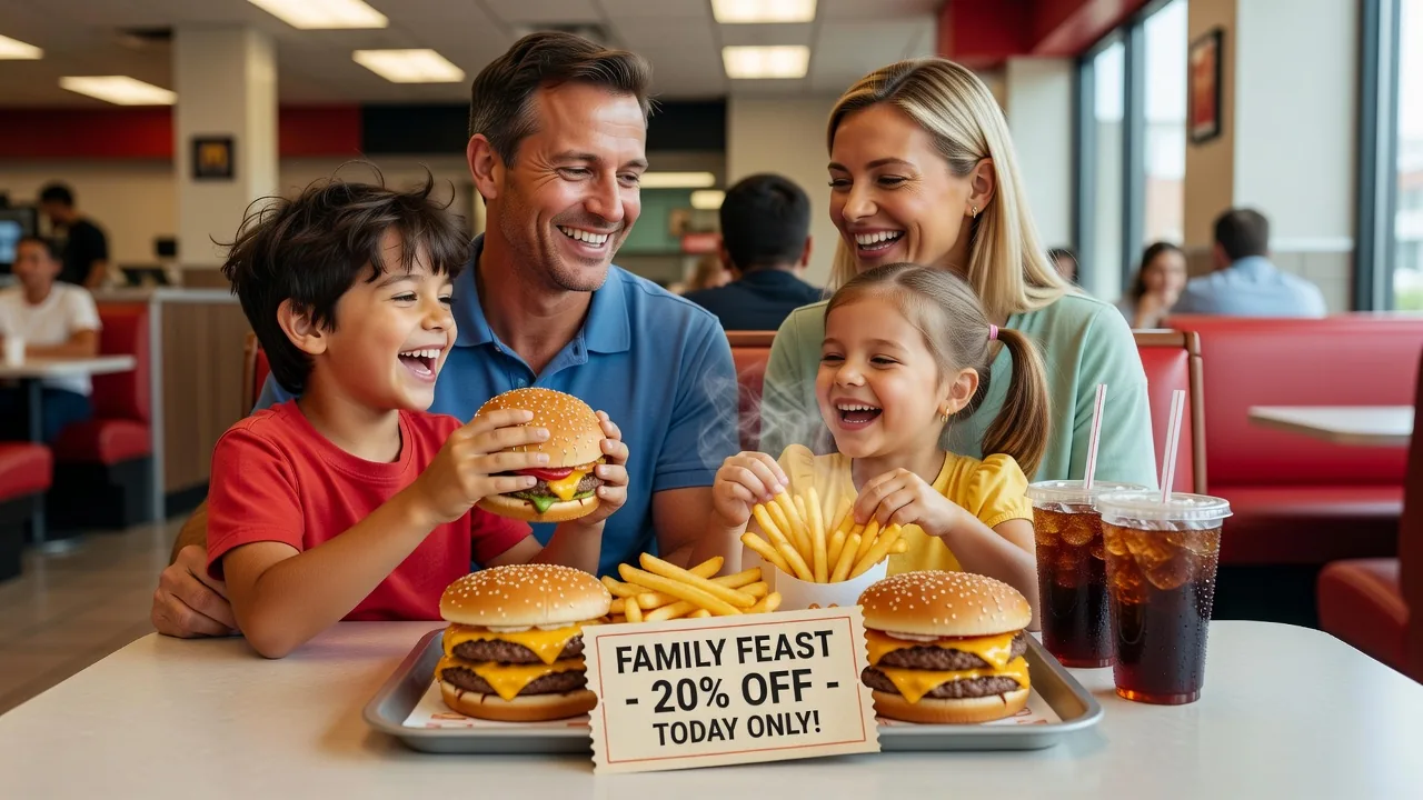 Happy family using a fast food discount coupon together