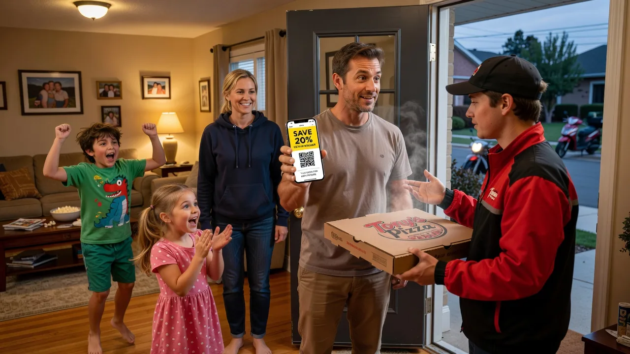 Family using a pizza delivery coupon from Velvet Valley Song for a dinner night