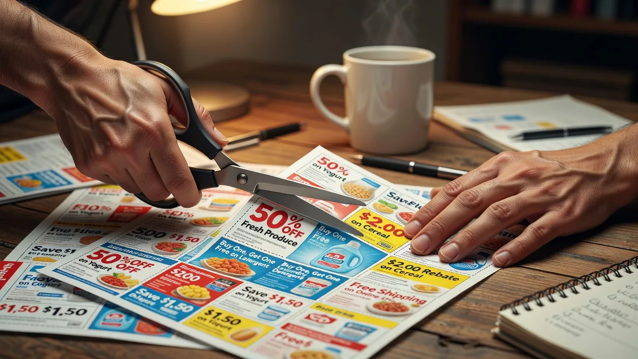 Hands carefully cutting coupons from a printed store flyer