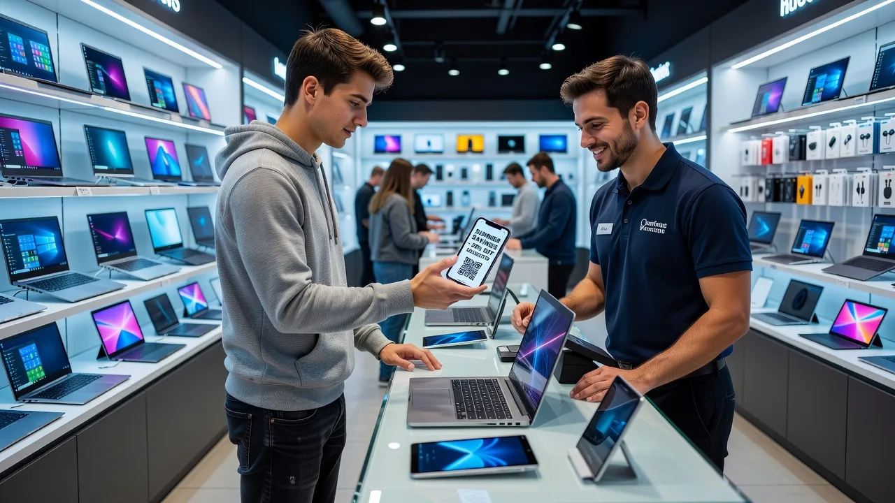 Man browsing electronics store using a discount coupon on his phone
