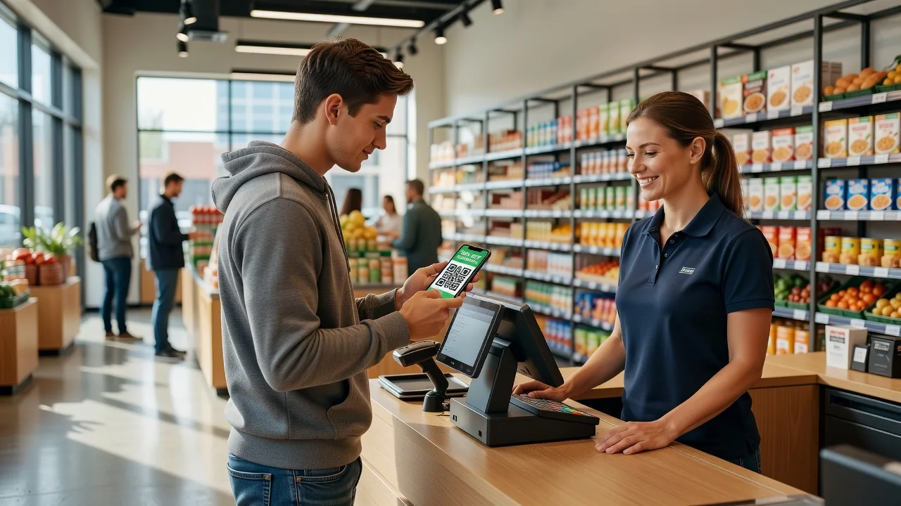 Man scanning a QR coupon code at the electronics store checkout