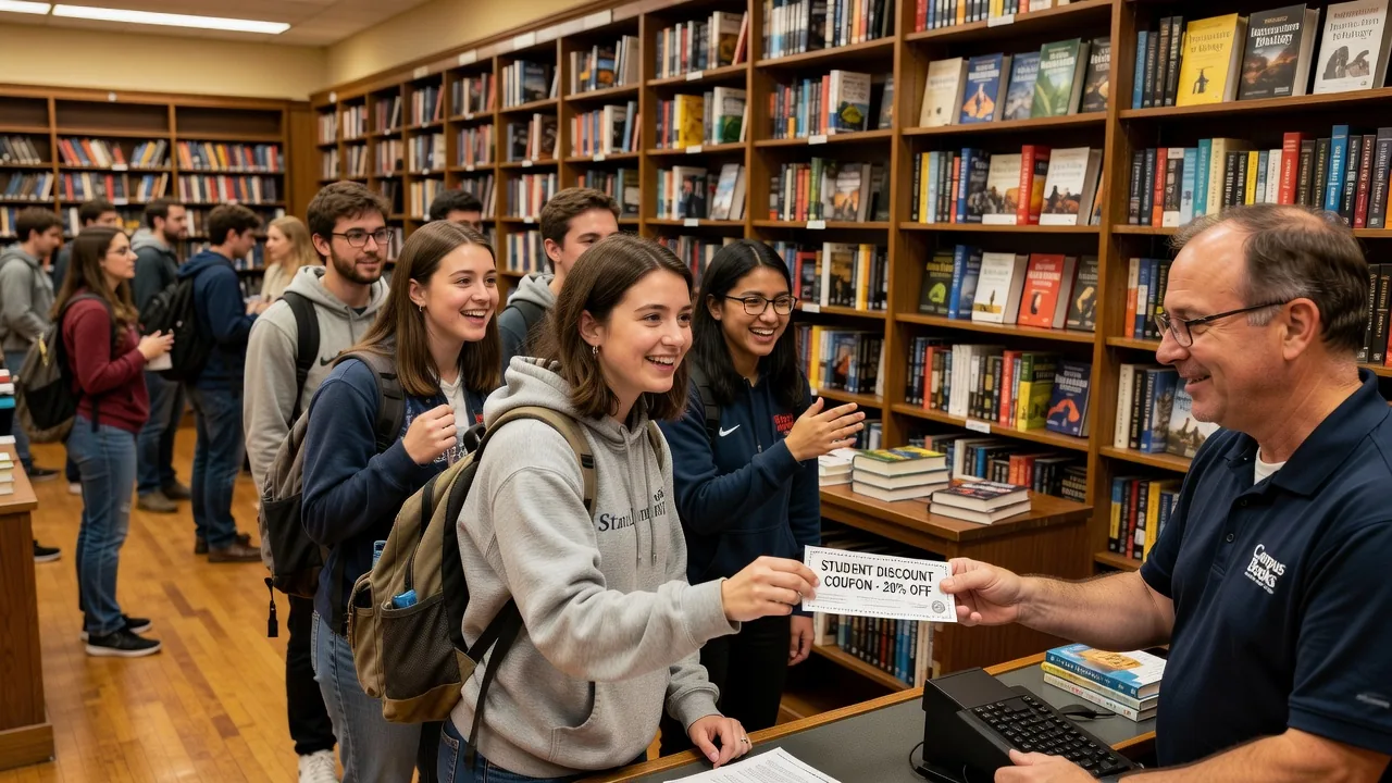 Students at a bookstore using a student discount coupon together