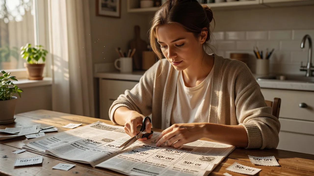 Woman cutting coupons in her kitchen, organizing deals for her weekly grocery run