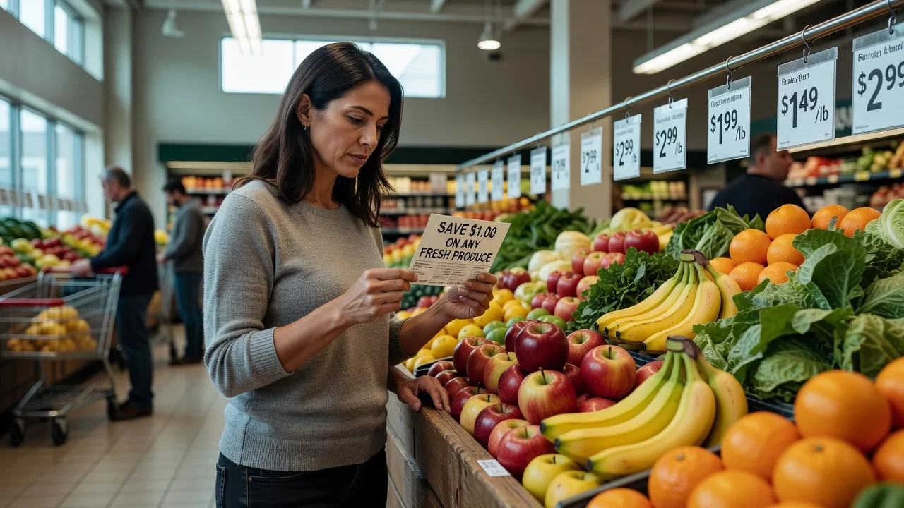 Woman selecting fresh produce at the grocery store with coupon in hand