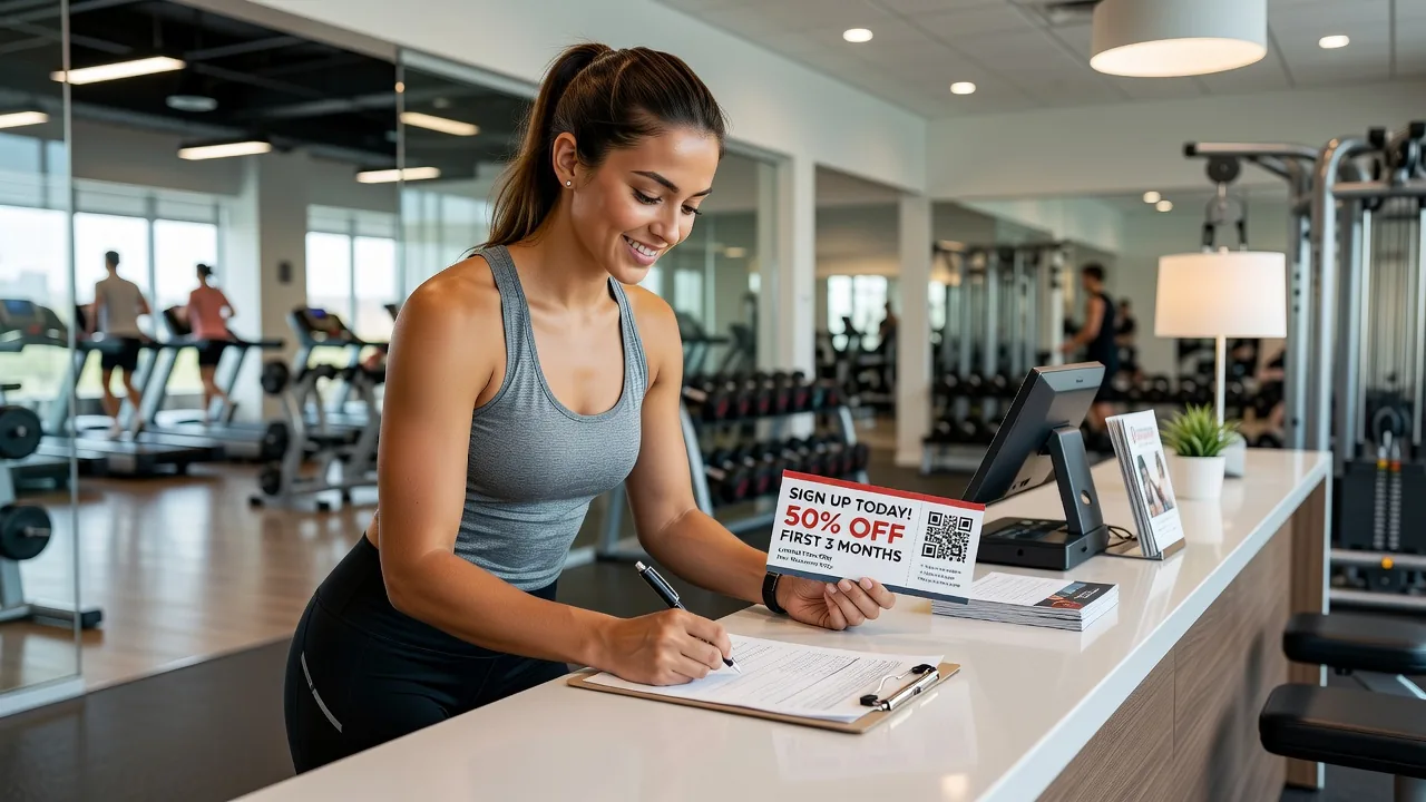 Woman at the gym using a membership discount coupon