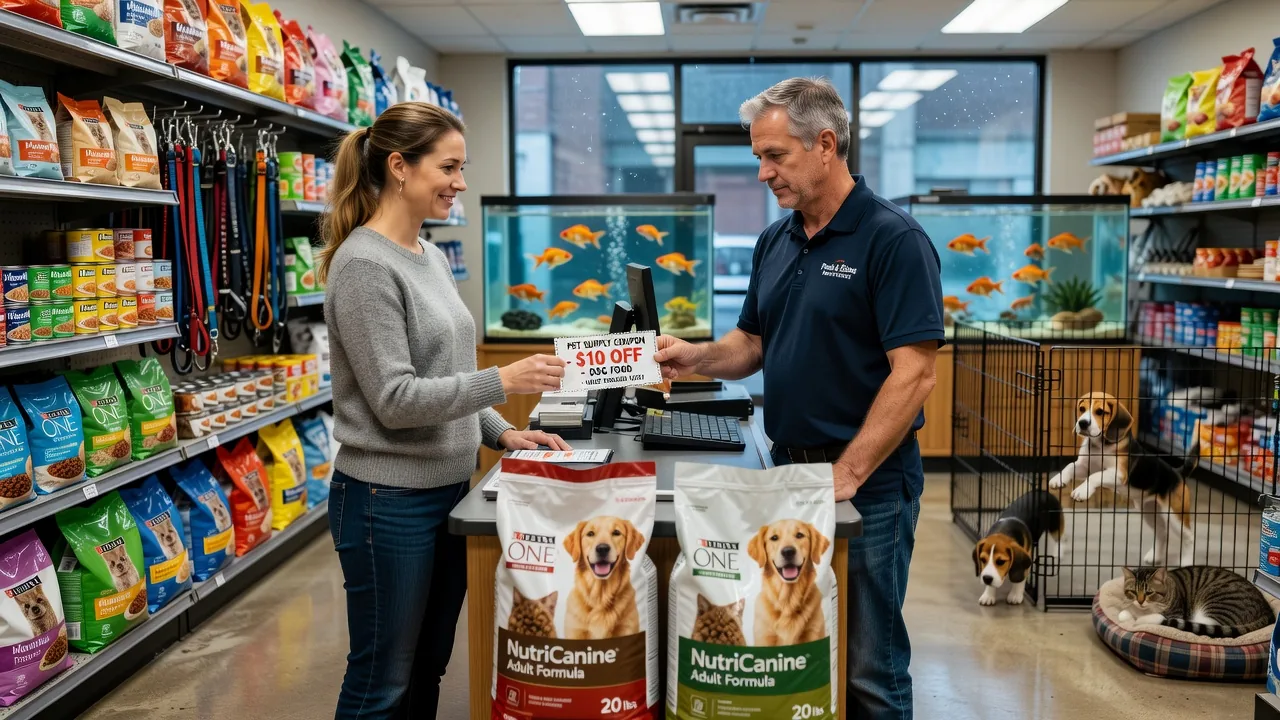 Woman at a pet store using a coupon to save on pet supplies and food