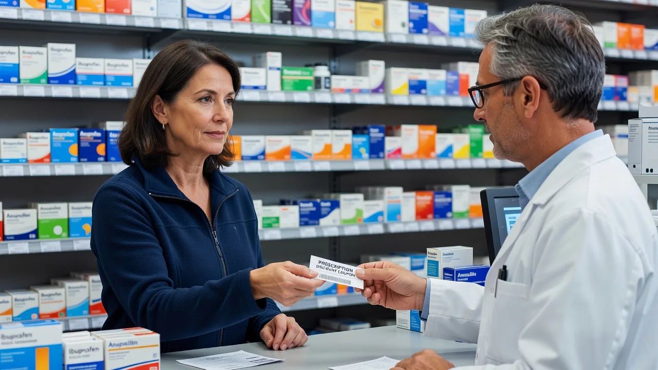 Woman at a pharmacy using a prescription discount coupon to save on medications