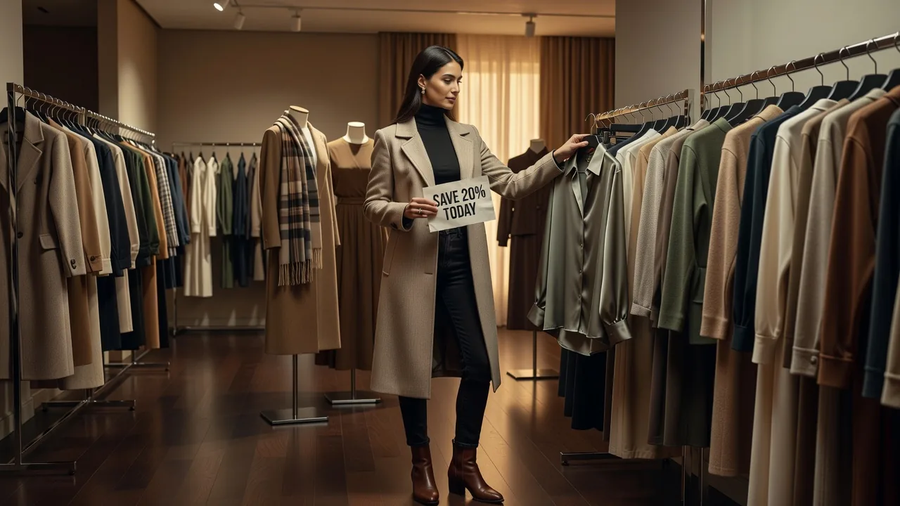 Woman shopping for fashion items while using a coupon from Velvet Valley Song